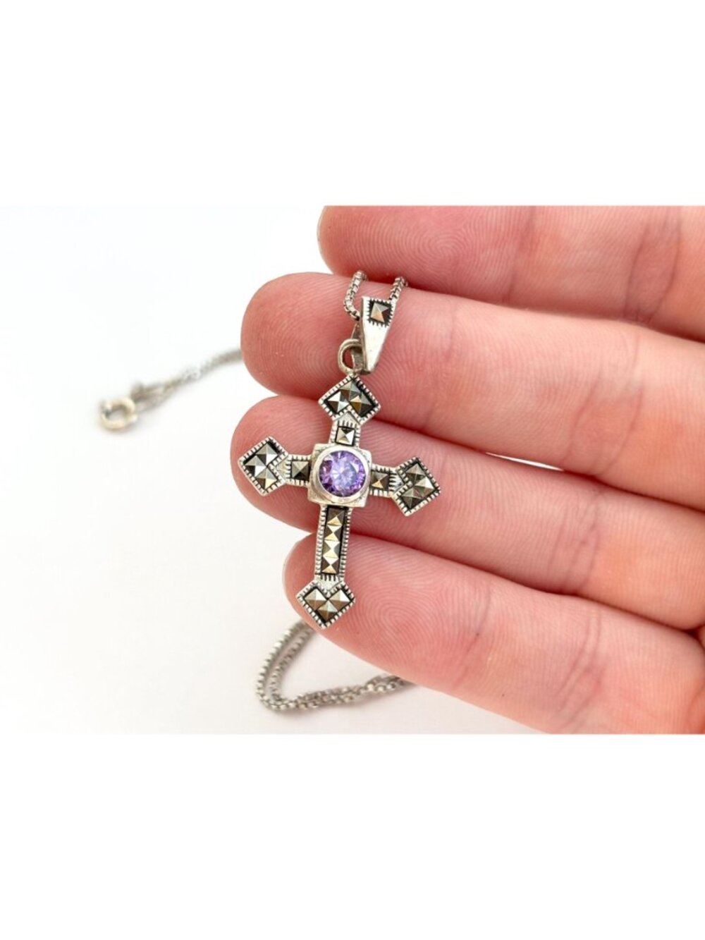 Art Deco Amethyst & Marcasite Sterling Silver 925 Vintage Pendant Necklace - 20" - Picture 14 of 16